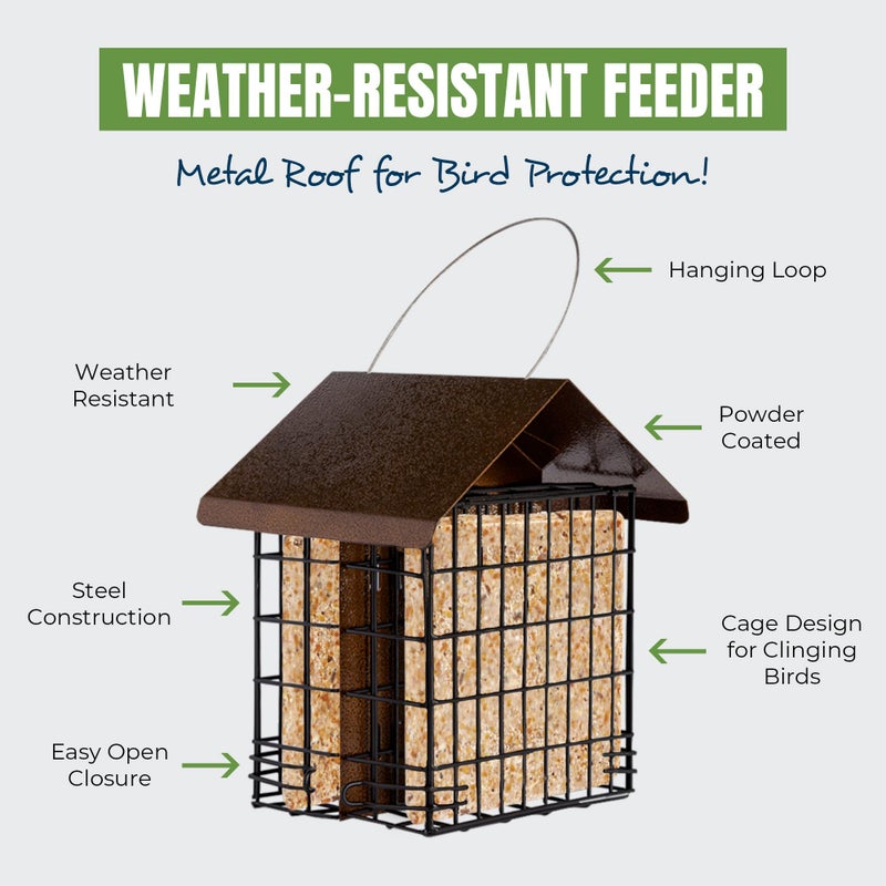 MEKKAPRO Suet Feeder for Outside Hanging Metal Roof, Woodpecker Feeder, Two Suet Bird Feeder Capacity, Cage Hanger Hanging Bird Feeder Easily Fits 2 Suet Cakes Holder - Wild Bird Feeder Basket - Image 3